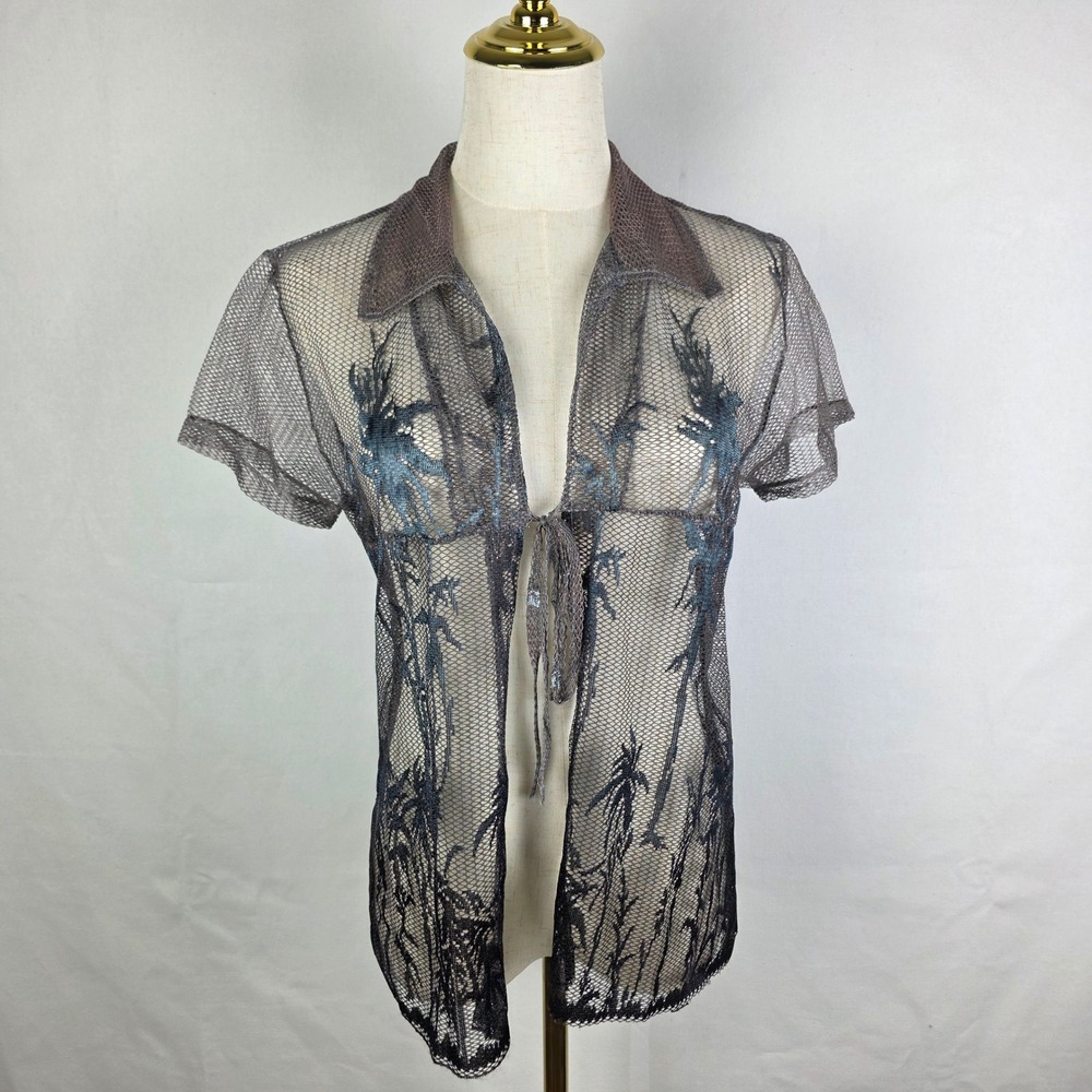 Voice Sheer Mesh Tie Front Top Brown Palm Tree Burnout Short Sleeve Large